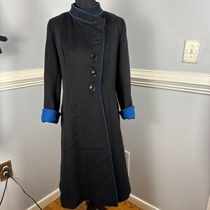 Vintage. A Trigere Coat 70s Union Black Wool Coat with Royal Blue Trim